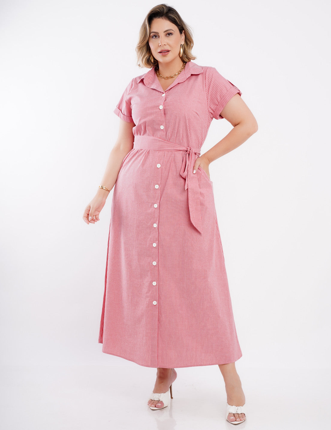 VESTIDO LONGO CHEMISE TRICOLINE COM CINTO