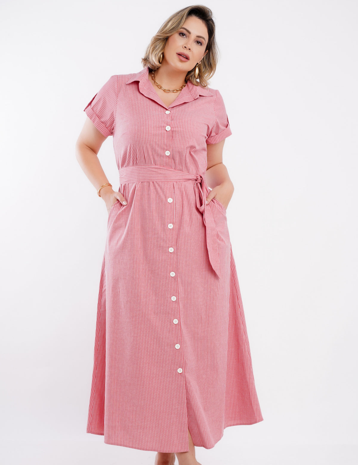 VESTIDO LONGO CHEMISE TRICOLINE COM CINTO