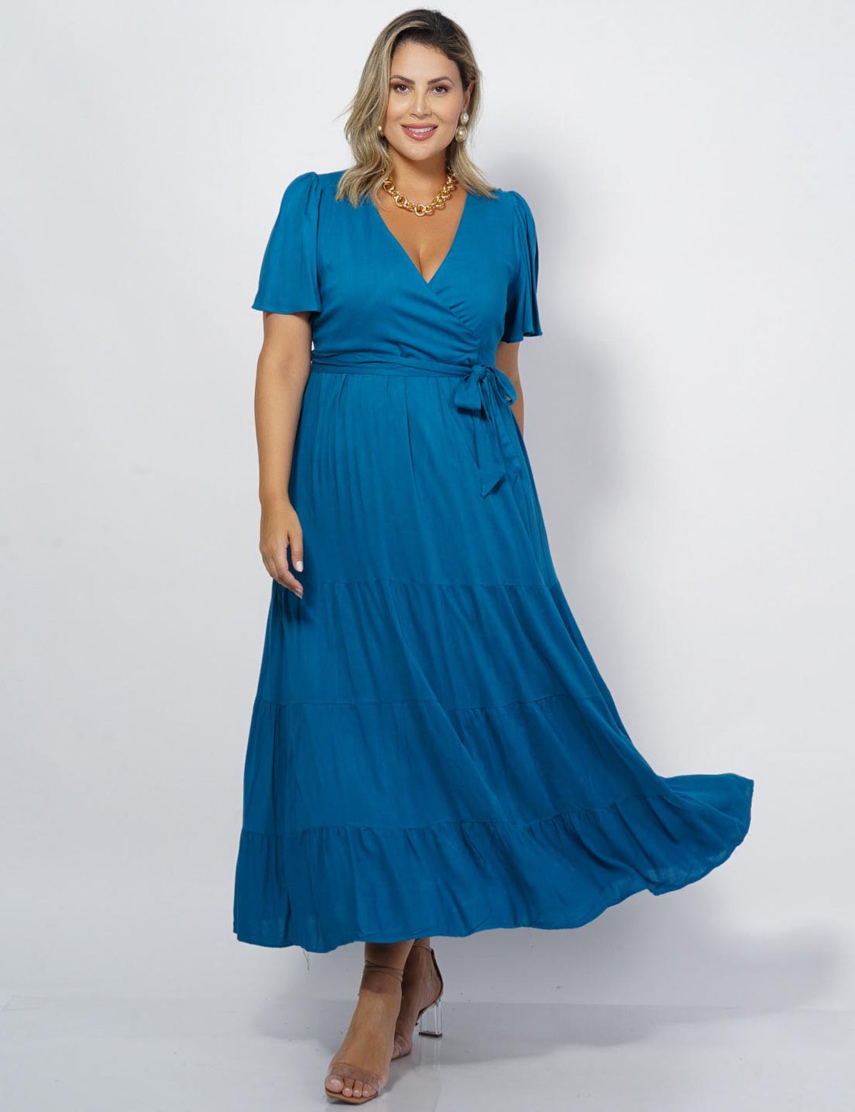 VESTIDO LONGO VISCOLINHO LISO TURQUESA